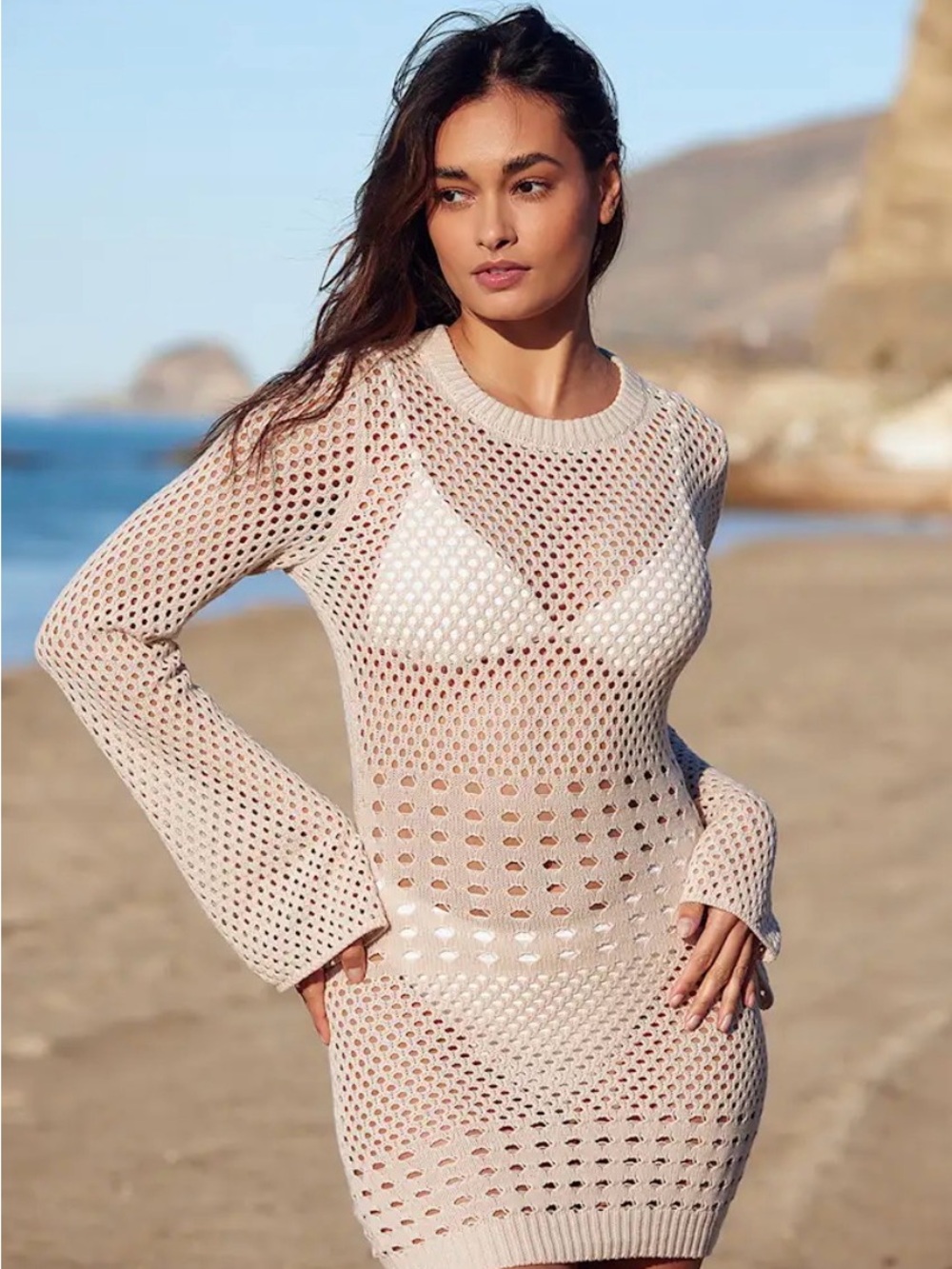 Lulu's Cream Open-Knit Long Sleeve Swim Coverup Dress